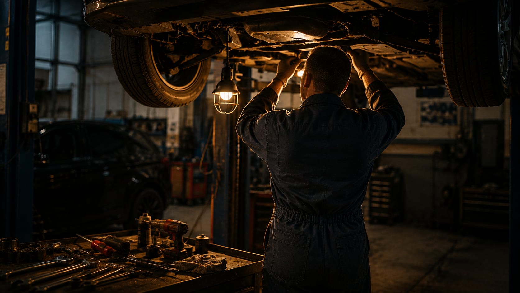 A mechanic seen from behind, arms raised to the underside of a car on a lift, a work lamp hanging beside him in a dim workshop