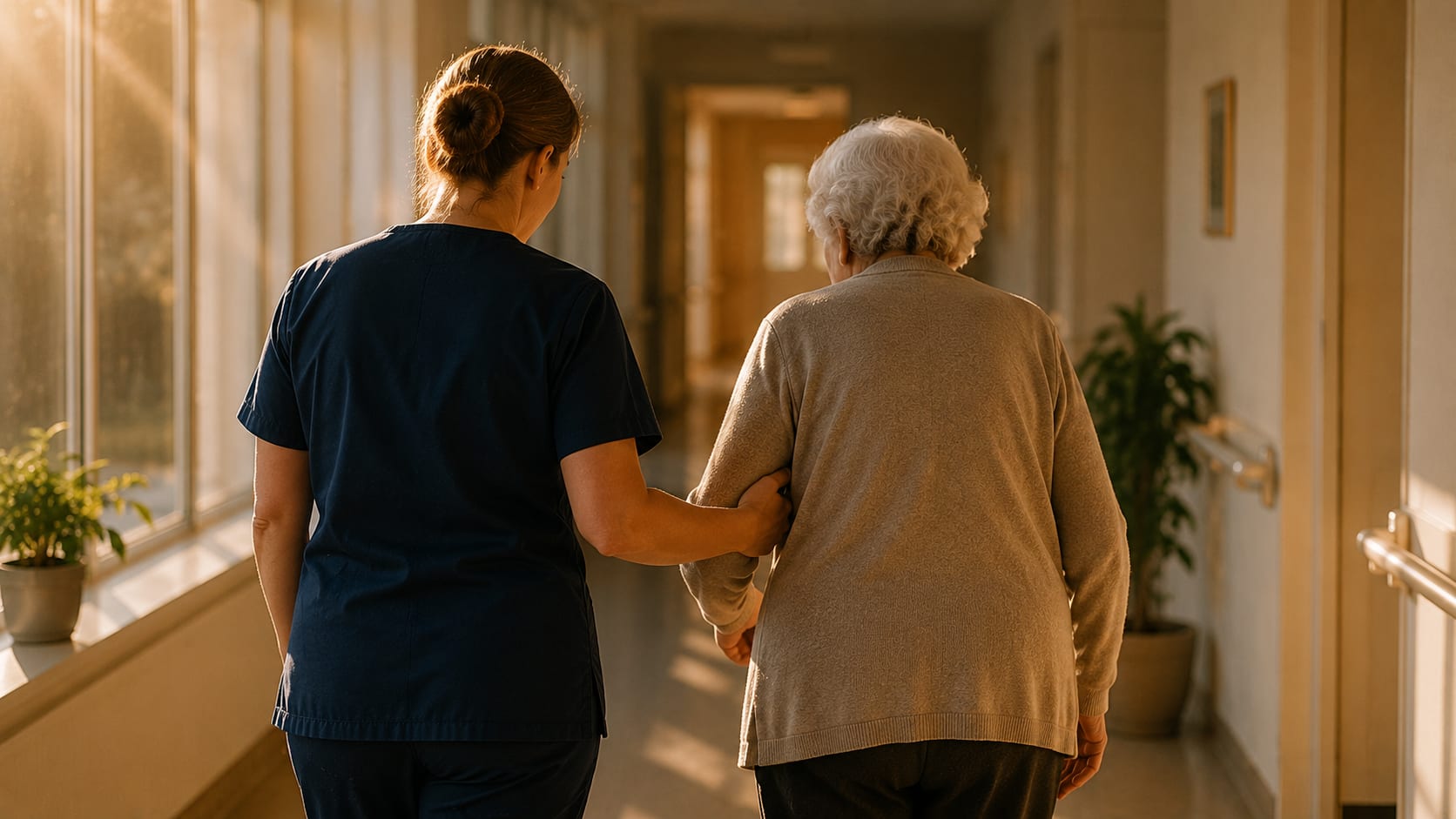 A carer in blue scrubs seen from behind, walking arm in arm with an elderly woman along a sunlit care-home hallway