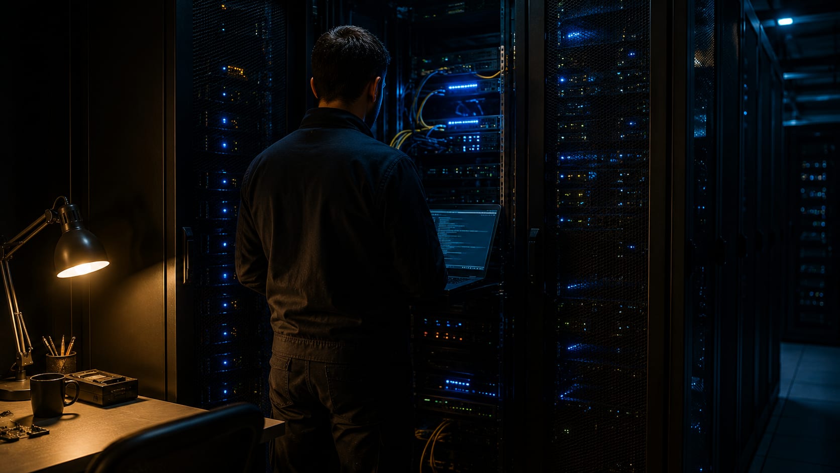 A technician seen from behind at an open server rack in a dark data room, a laptop on the rail and a desk lamp lit beside