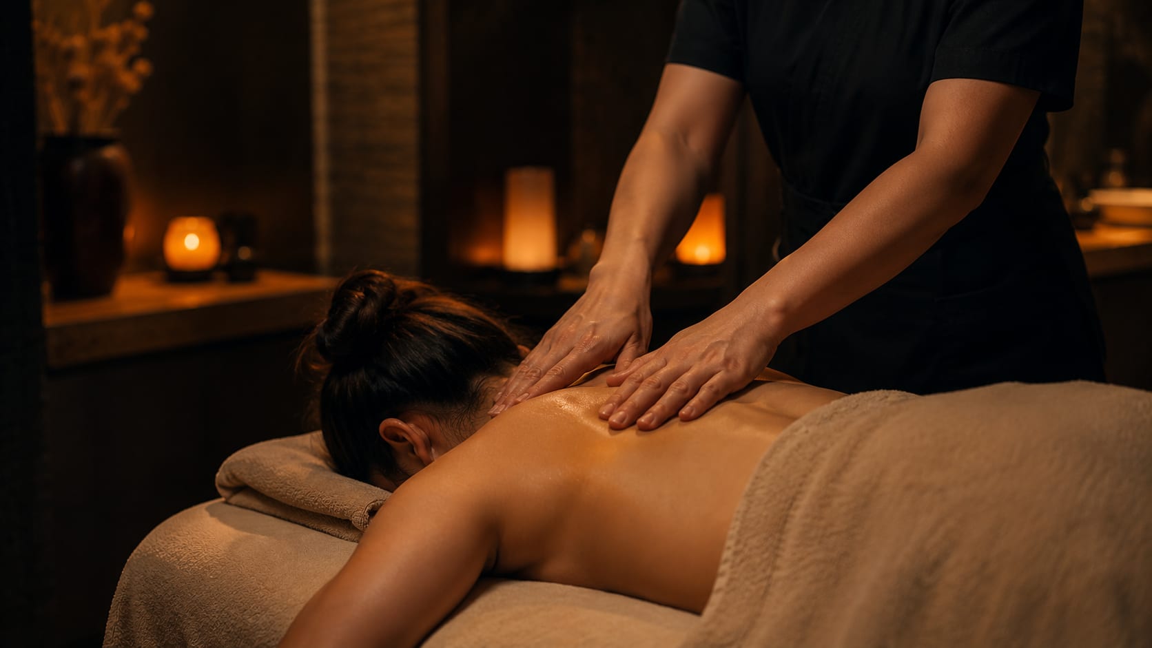A therapist's hands working the shoulders of a guest lying face-down on a massage table, candles lit in a dim treatment room