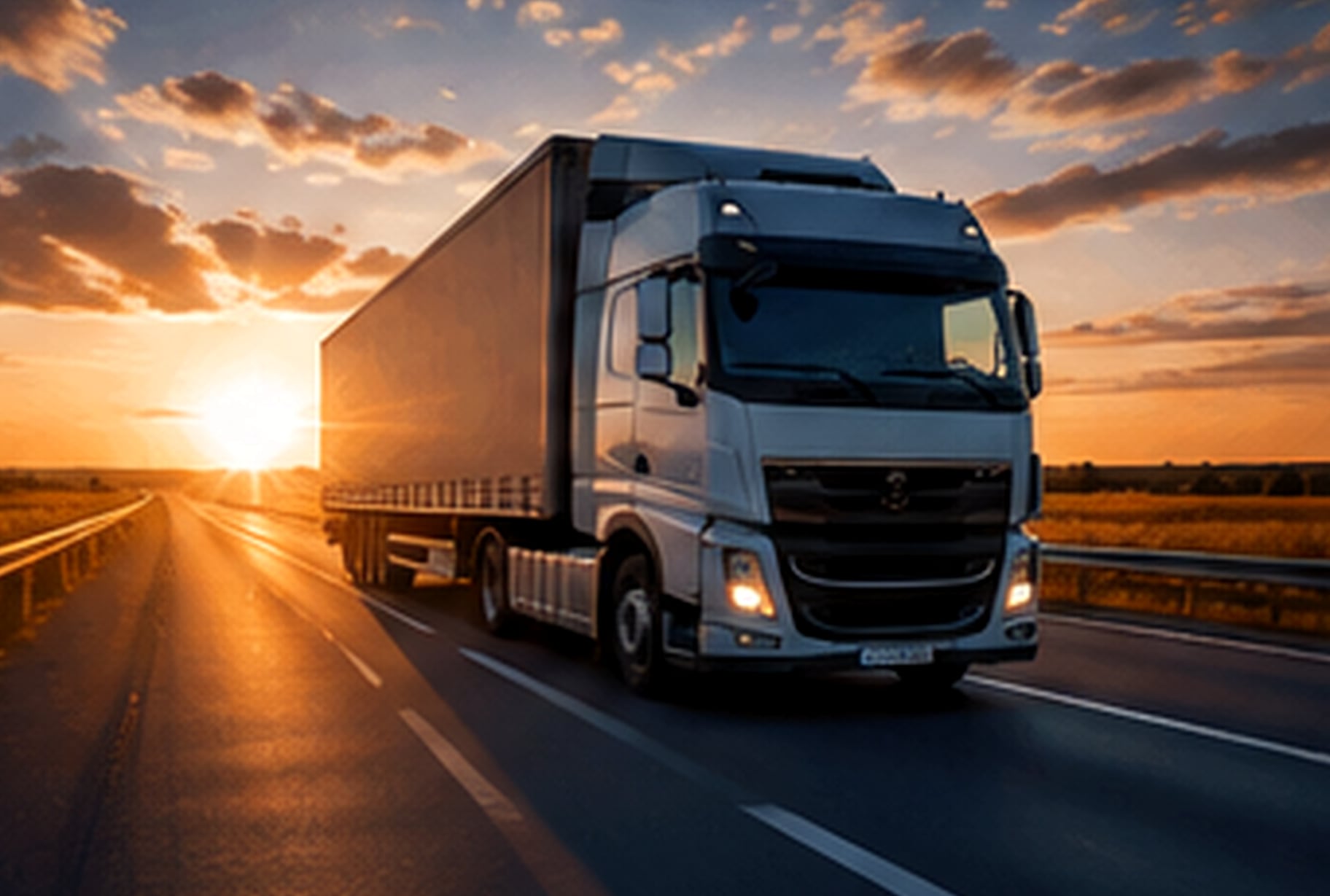 A white articulated lorry on a motorway at sunset
